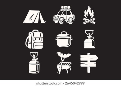 camping and adventure icons in retro style. outdoor survival and cooking elements. travel and hiking gear set including tent, off-road car, campfire, backpack, pot, stoves, grill, BBQ, wooden sign
