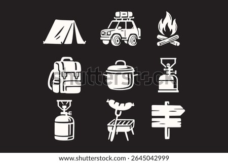 camping and adventure icons in retro style. outdoor survival and cooking elements. travel and hiking gear set including tent, off-road car, campfire, backpack, pot, stoves, grill, BBQ, wooden sign