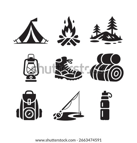 Camping Adventure Icons Set Black and White Outdoor Trip Essentials Tent Campfire Fishing Gear Water Bottle Hiking Boots and Backpack