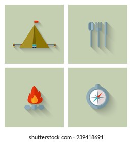 Camping adventure icons set (flat design). EPS 10. Transparency. No gradients.