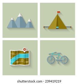 Camping adventure icons set (flat design). EPS 10. Transparency. No gradients.