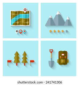 Camping adventure icons set (flat design). EPS 10. Transparency. No gradients.