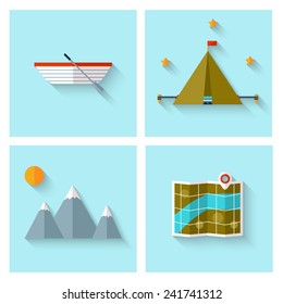 Camping adventure icons set (flat design). EPS 10. Transparency. No gradients.