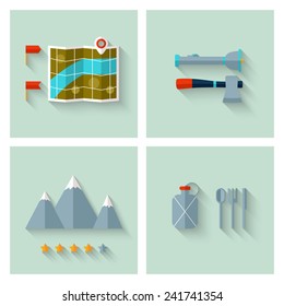 Camping adventure icons set (flat design). EPS 10. Transparency. No gradients.