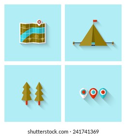 Camping adventure icons set (flat design). EPS 10. Transparency. No gradients.