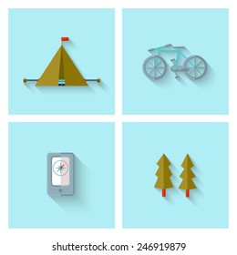 Camping adventure icons set (flat design). EPS 10. Transparency. No gradients.
