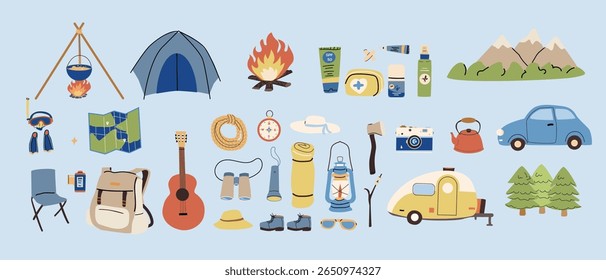 Camping adventure icons set. Hand-drawn flat vector illustration of hiking, trekking, and outdoor expedition gear: backpack, tent, map, compass, flashlight, sleeping bag, and travel supplies.