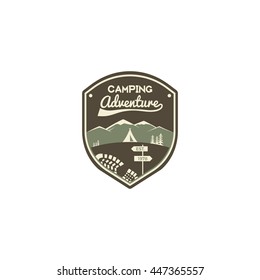 Camping adventure label. Mountain winter camp badge. Outdoor explorer logo design. Travel monochrome and hipster color insignia. Snowboard icon symbol. Wilderness emblem and stamp. Vector patch.
