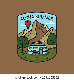 Camping adventure logo, aloha summer emblem design with mountains, RV trailer and hot balloon. Unusual line art retro style sticker. Stock vector