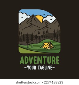 Diseño vectorial de la insignia del logo de la aventura de camping con paisaje montañoso. Gráficos de insignia de campamento en estilo retro. Viaja con un emblema colorido. Etiqueta vectorial de material
