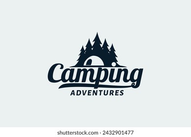 camping adventure logo with a combination of forest views, tents and beautiful lettering.