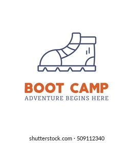 Camping adventure logo design with boot and typography elements. Vector text - boot camp. Backpacking symbol in retro style. Nice for prints, tee design, web infographics.