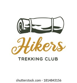 Camping adventure logo emblem design. Vintage Outdoor label with camp mat and text - Hikers Trekking Club. Unusual linear hipster style sticker. Stock vector.