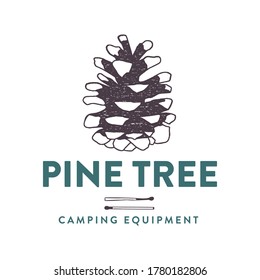 Camping adventure logo emblem illustration design. Vintage Outdoor label with pine cone, matches elements and text - Pine Tree, camping equipment. Unusual linear hipster style sticker. Stock vector.