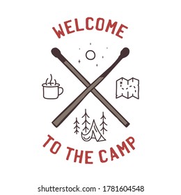 Camping adventure logo emblem illustration design. Vintage Outdoor label with mug, tent, map and text - Welcome to the camp. Unusual linear hipster style sticker. Stock vector.