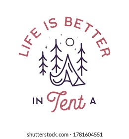 Camping adventure logo emblem illustration design. Vintage Outdoor label with mug, tent, map and text - Life is better in the Mountains. Unusual linear hipster style sticker. Stock vector.