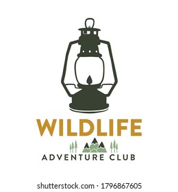 Camping adventure logo emblem illustration design. Vintage Outdoor label with camp lantern symbol and text - Wildlife adventure club. Unusual linear hipster style sticker. Stock vector.