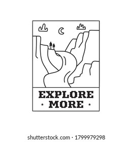 Camping adventure logo emblem illustration design. Outdoor label with mountains landscape and text - Explore more. Unusual linear hipster sticker. Stock vector.