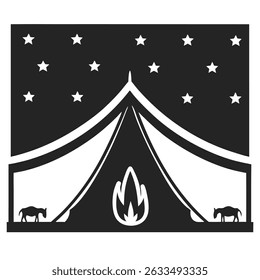Camping adventure: minimalist black and white night scene with stars and tent