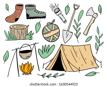 Camping adventure objects doodle set. Line art. Flat cartoon style. Vector illustration art.