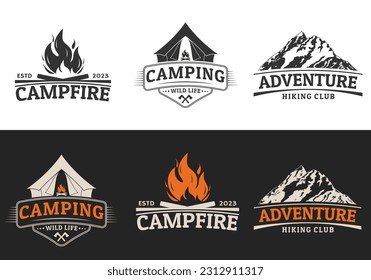 Camping, adventure, outdoor logo, label or badge set. Camp or tourist tent, mountains and campfire. Vintage typography design. Vector illustration.