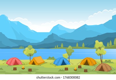 Camping Adventure Outdoor Park Lake Nature Landscape Cartoon Illustration