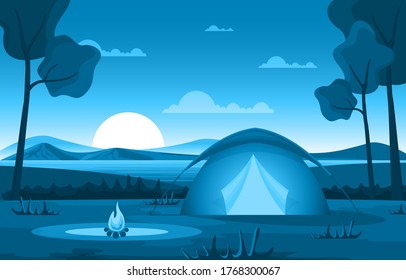 Camping Adventure Outdoor Park Mountain Nature Landscape Cartoon Illustration