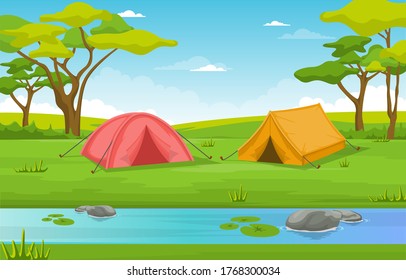 Camping Adventure Outdoor Park River Nature Landscape Cartoon Illustration