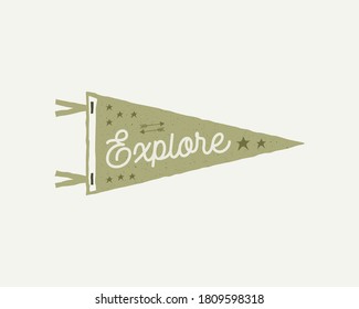 Camping adventure pennant design. Vintage outdoor label and text - Explore. Unusual hipster sticker. Stock vector.