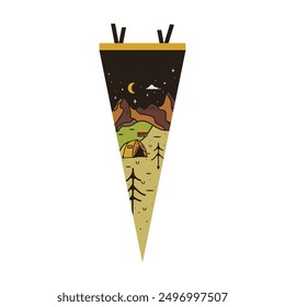 Camping adventure pennant flag design. Outdoor hiking graphics with tent. Mountains pendant artwork. Stock vector illustration.