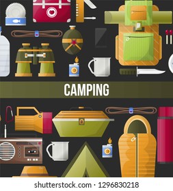 Camping adventure poster for summer camp club or scout expedition. Vector camping and hiking tools icons of tent, sleeping bag and backpack with compass, radio or spade and flashlight