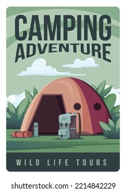 Camping adventure poster with vertical composition of text and outdoor scenery with tent backpack and mat vector illustration