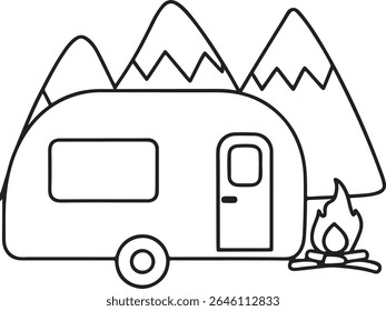 Camping Adventure Scene featuring a Cozy Caravan Trailer Set Against a Majestic Mountain Backdrop with a Crackling Campfire Adding Warmth and Ambiance