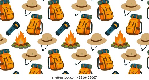 camping adventure seamless pattern with backpack campfire and hat