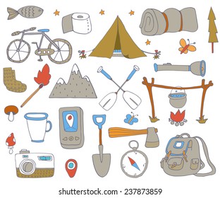 Camping adventure set. EPS 10. No transparency. No gradients.