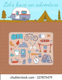 Camping adventure set. EPS 10. No transparency. No gradients.