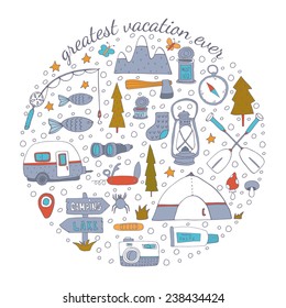 Camping adventure set. EPS 10. No transparency. No gradients.