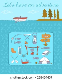 Camping adventure set. EPS 10. No transparency. No gradients.