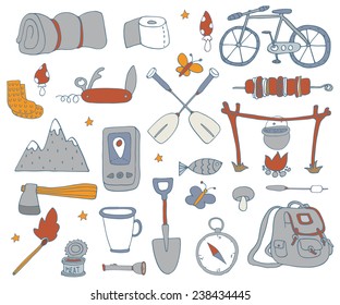 Camping adventure set. EPS 10. No transparency. No gradients.