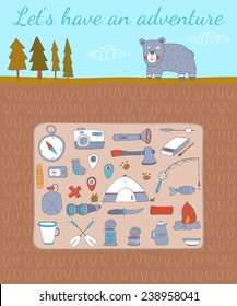 Camping adventure set. EPS 10. No transparency. No gradients.