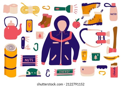 Camping and adventure set. Hand drawn elements jacket, sunscreen, cap and binoculars. Perfect for local tourism, social networks, posters, sticker kit. Cartoon vector illustration.