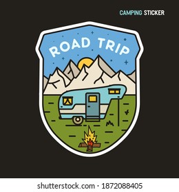 Camping adventure sticker design. Travel hand drawn logo emblem. State park label isolated. Stock vector Road trip graphics