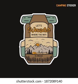 Camping adventure sticker design. Travel hand drawn logo emblem. State park label isolated. Stock vector Wanderer graphics