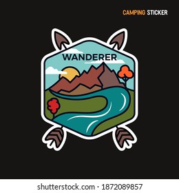 Camping adventure sticker design. Travel hand drawn logo emblem. State park label isolated. Stock vector Wanderer graphics