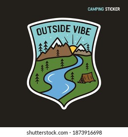 Camping adventure sticker design. Travel hand drawn logo emblem. State park label badge. Stock vector Outside vibe graphics