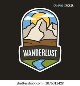 Camping adventure sticker design. Travel hand drawn logo emblem. State park label isolated. Stock vector wanderlust graphics
