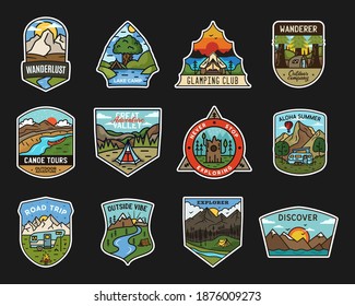 Camping adventure stickers design bundle. Travel hand drawn emblems. Mountain outdoors labels collection. Stock vector explorer badges set