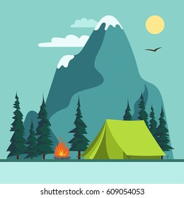 Camping Adventure, Summer Mountains Landscape, climbing trip, bonfire and tent, outdoor hiking, vector
