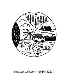 Camping adventure tattoo design. Summer surf crest logo with beach and hiking scene. Travel silhouette label isolated. Sacred geometry. Stock vector graphics emblem