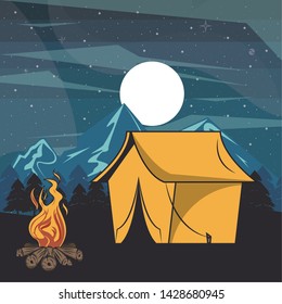 Camping adventure tent and bonfire in forest at night scenery vector illustration graphic design